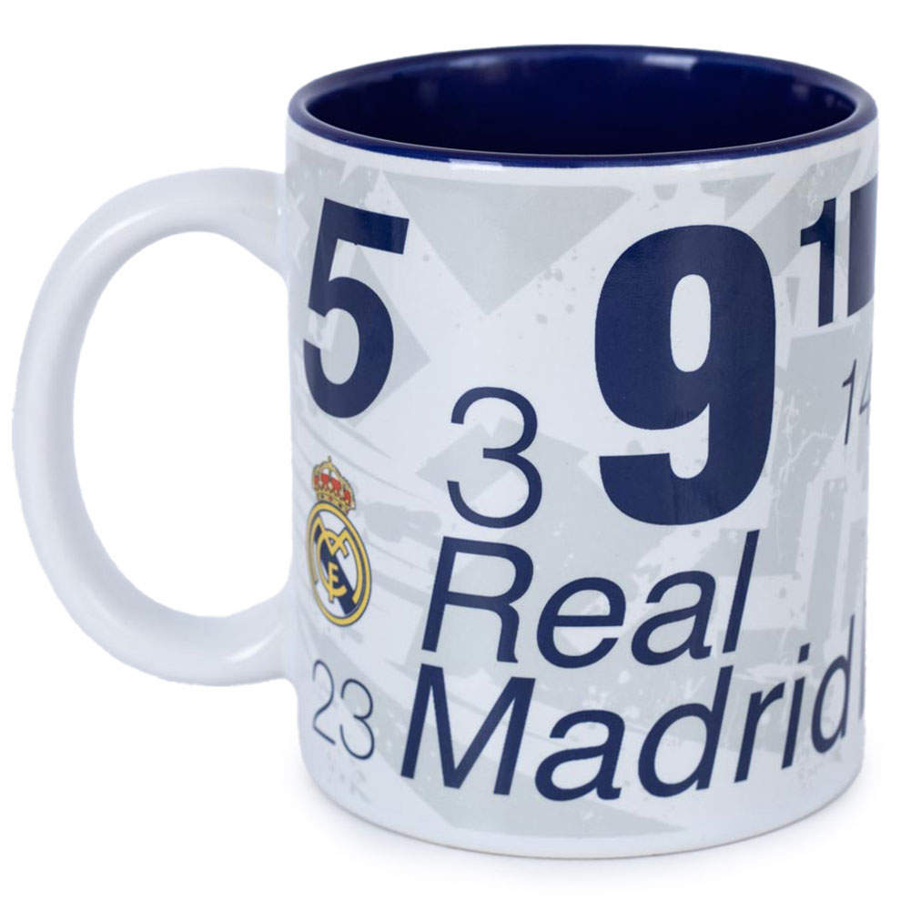 Real Madrid CF grey fragment design mug with a full colour crest, Los Galacticos squad numbers and white handle