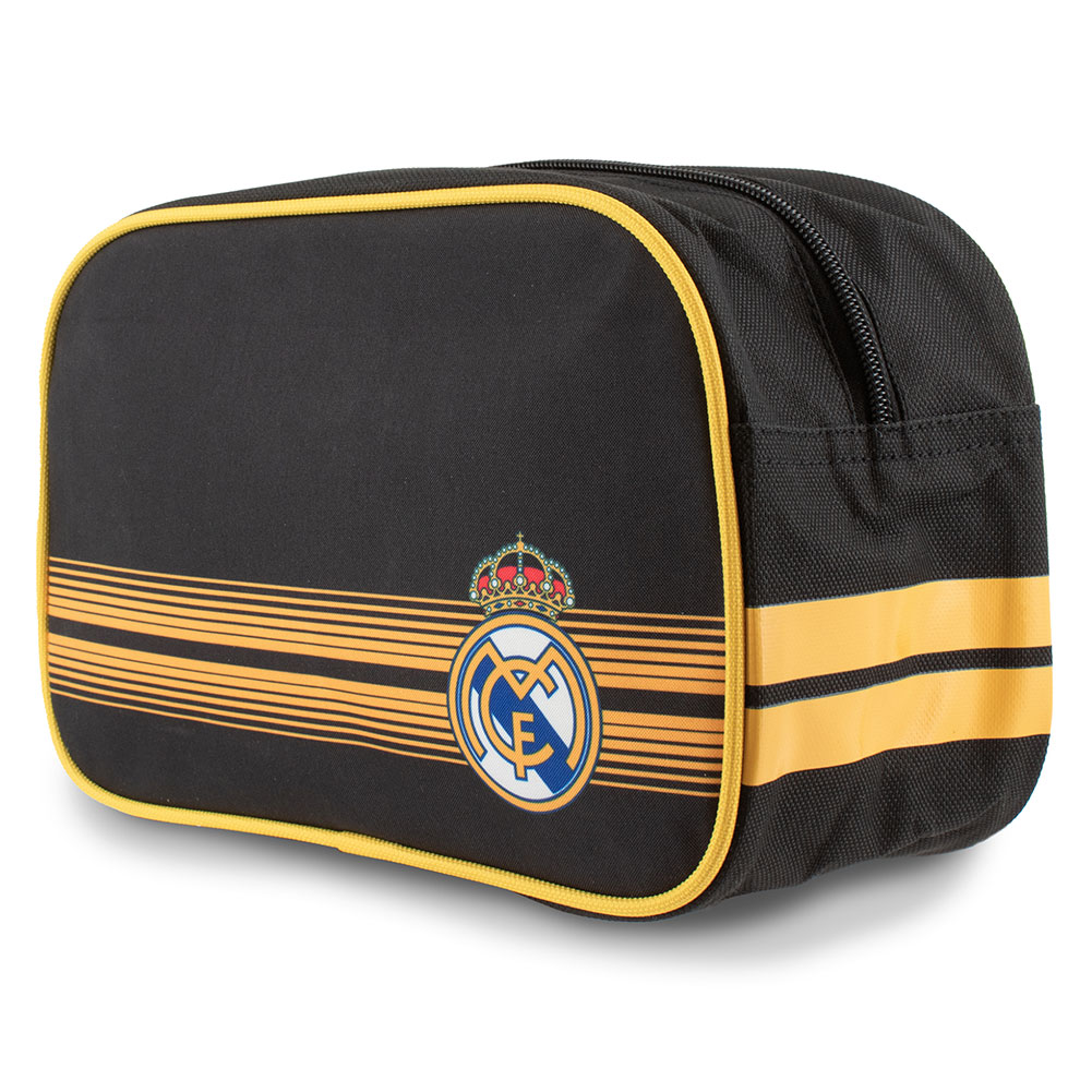 Striped Real Madrid CF toiletry wash bag with a club crest and rubber zip pulls with raised Madrid detail