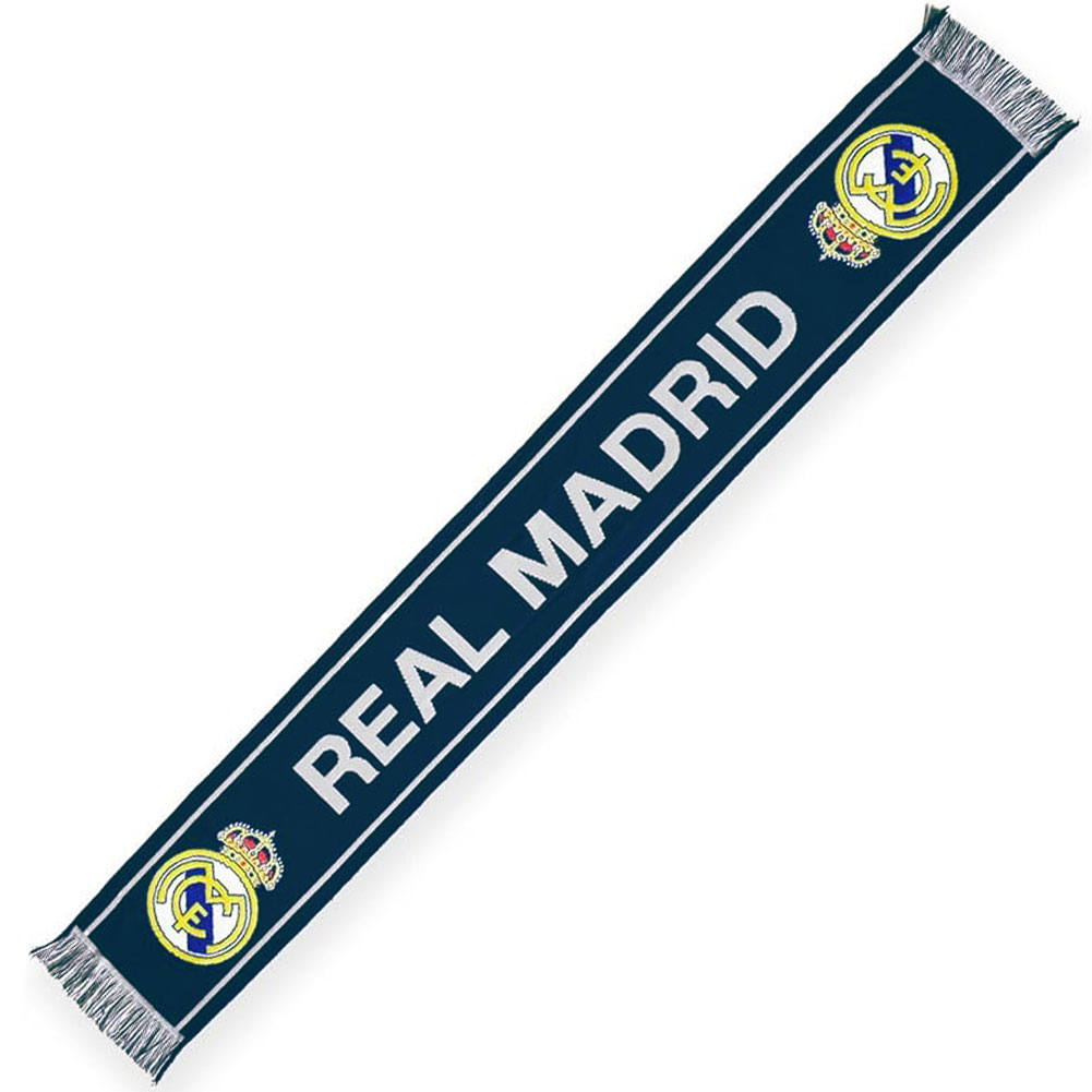 Real Madrid CF navy woven scarf with white stripe detail, REAL MADRID text, full colour crest and fringe