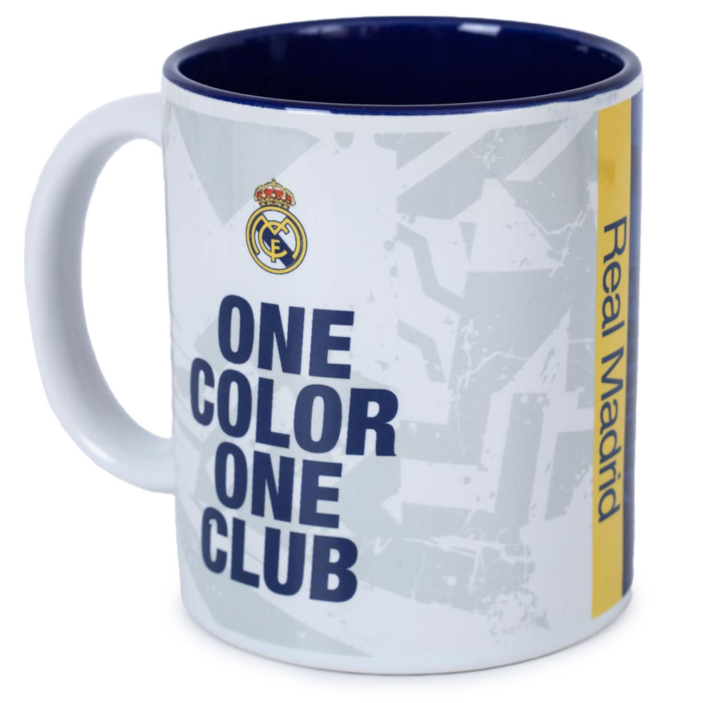Real Madrid CF blue and white fragment mug with a yellow flash, full colour crest, slogan and white handle