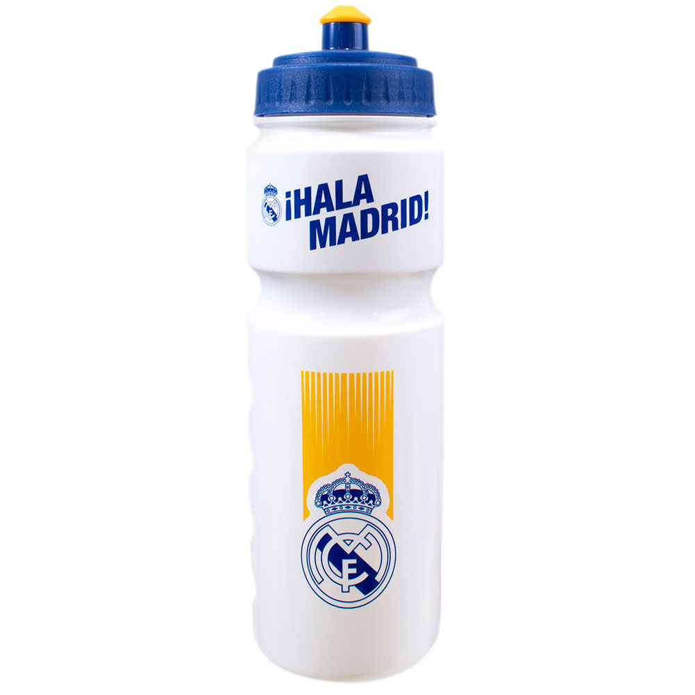 White stripe Real Madrid CF plastic drinks bottle with a navy Madrid crest and Hala Madrid text