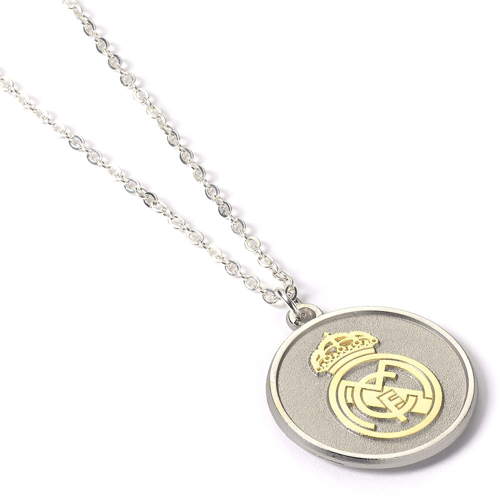 Real Madrid CF silver finish necklace with a Madrid crest pendant, presented in a display packet
