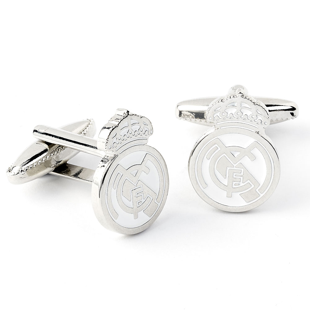 Pair of Real Madrid CF silver plated chrome crest shaped cufflinks with a formed Real Madrid crest