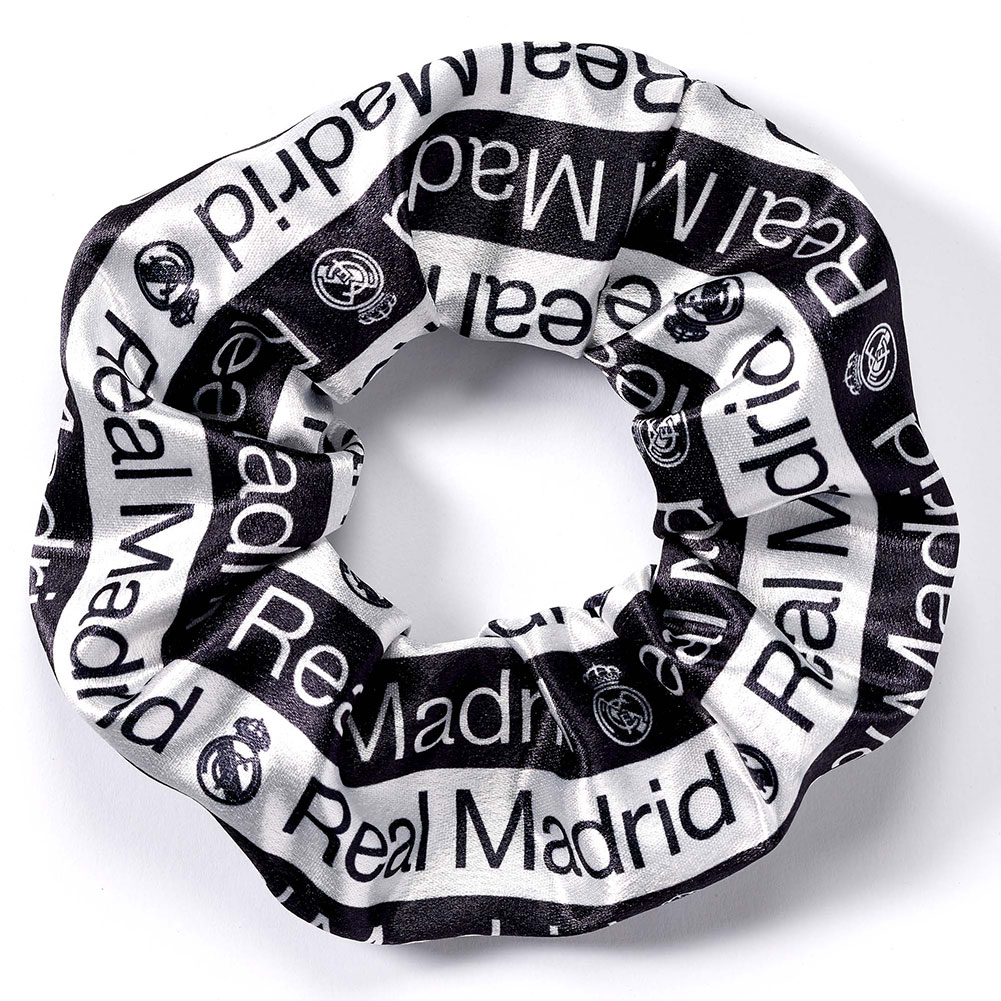 Real Madrid CF satin hair scrunchie featuring the Madrid club logo and text