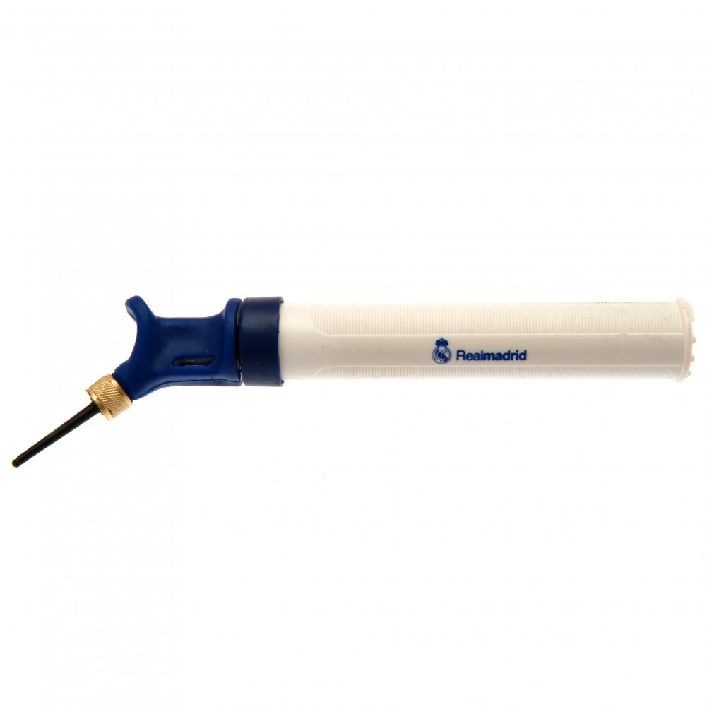 Real Madrid CF white mini dual action football hand pump with needle on a header card