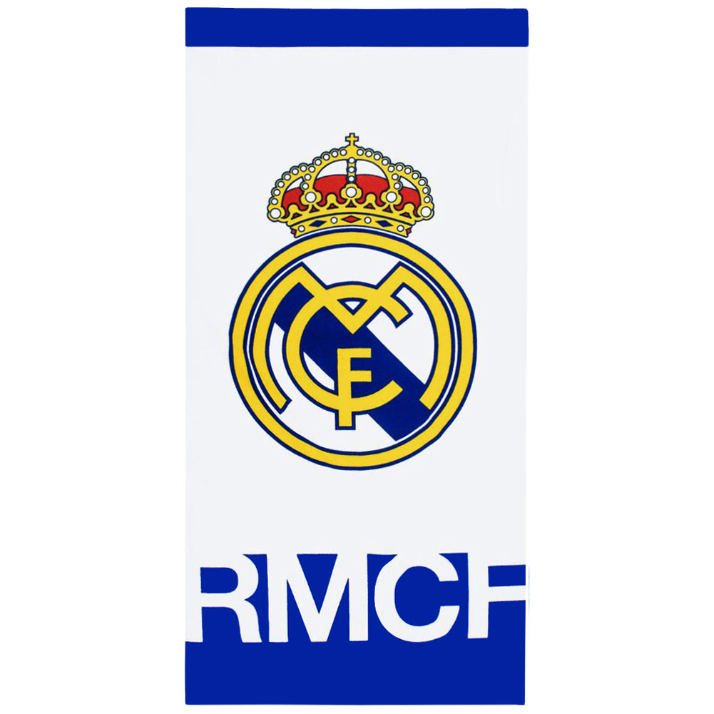 White Real Madrid CF polyester beach towel with a full colour Real Madrid crest
