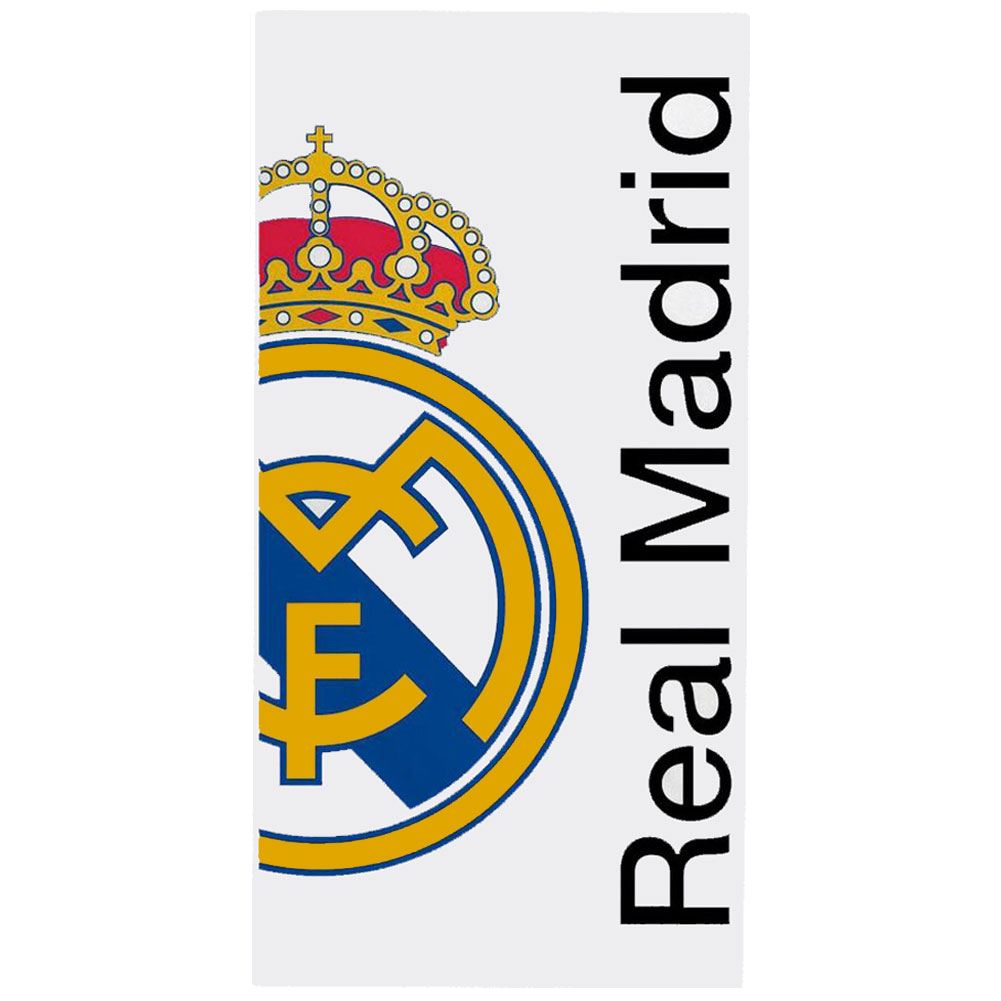 Extra large white Real Madrid CF polyester beach towel with a cropped Real Madrid crest