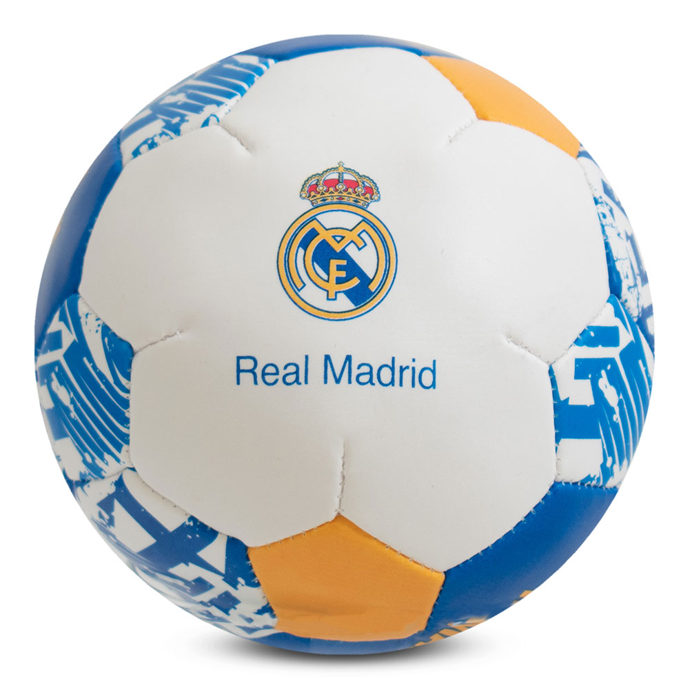Real Madrid white, blue and yellow 4 inch textured soft ball featuring the Real Madrid crest