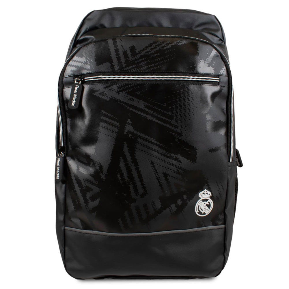 Black Real Madrid commuter backpack with a white Real Madrid crest on the front