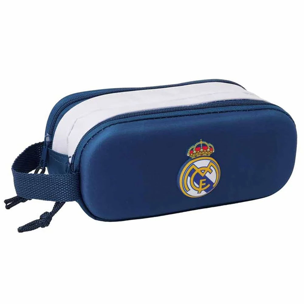 Navy 3D Real Madrid double pencil case with a full colour Real Madrid crest and two zipped compartments