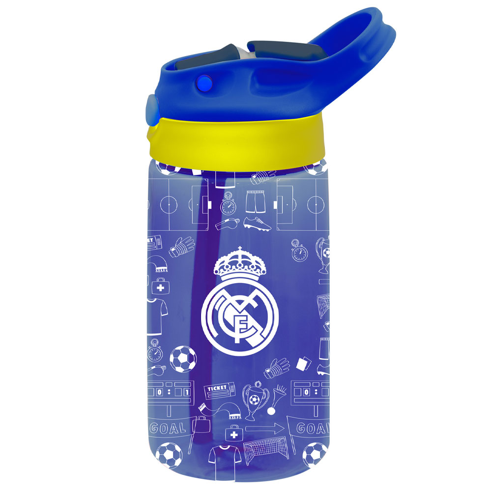 Vibrant blue Real Madrid kids water bottle with a white Real Madrid crest and fun icon design