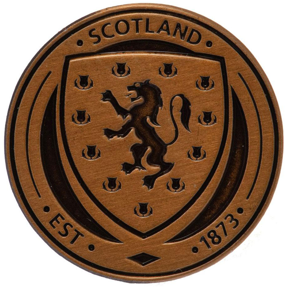 Scottish FA antique gold crest shaped metal badge with brooch fixing on a header card