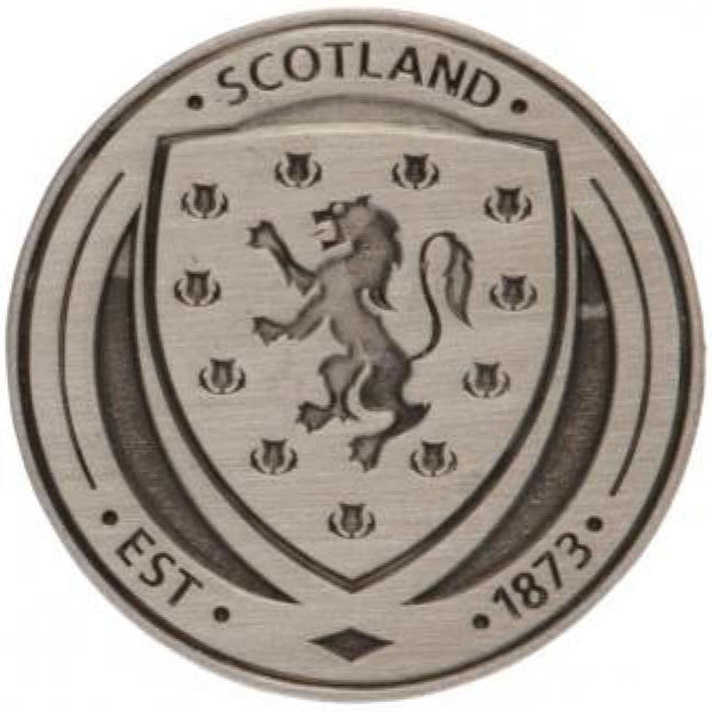 Scottish FA antique silver crest shaped metal badge with brooch fixing on a header card