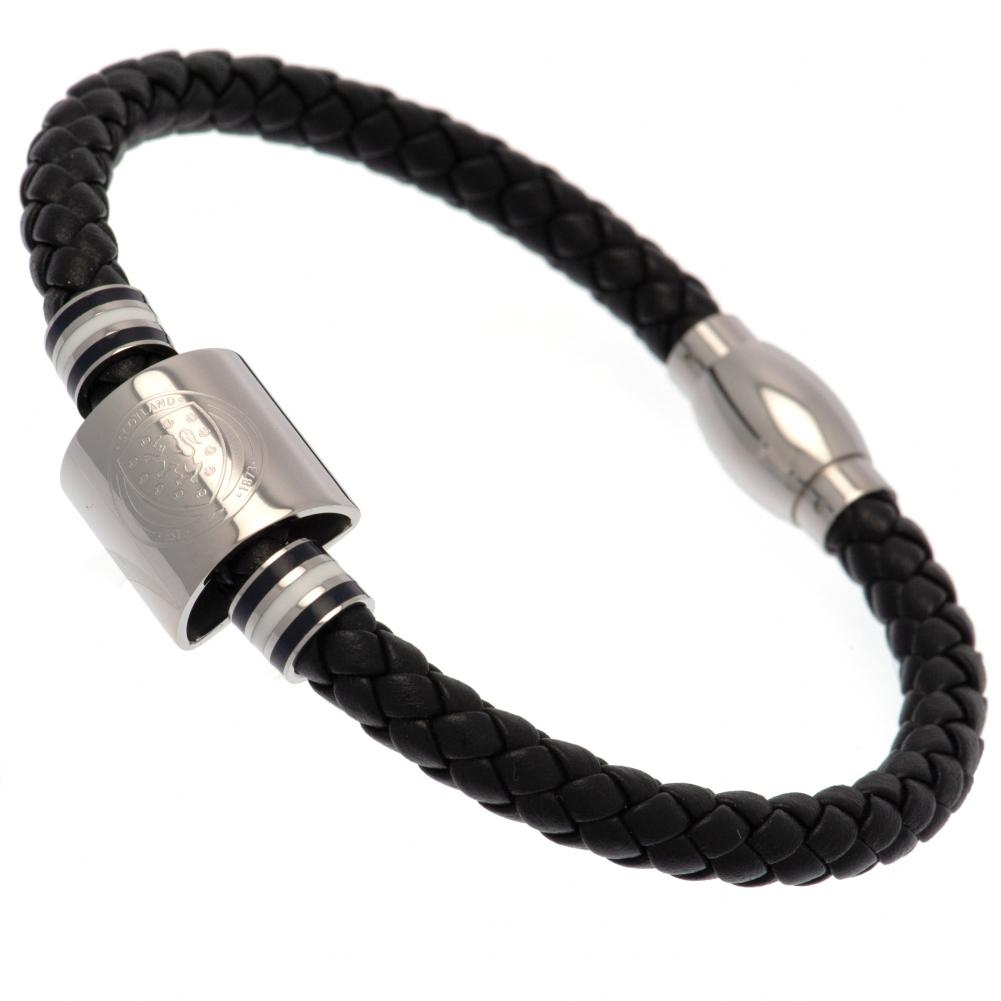 Scottish FA black genuine leather rope bracelet with steel colour rings and an engraved Scottish FA crest
