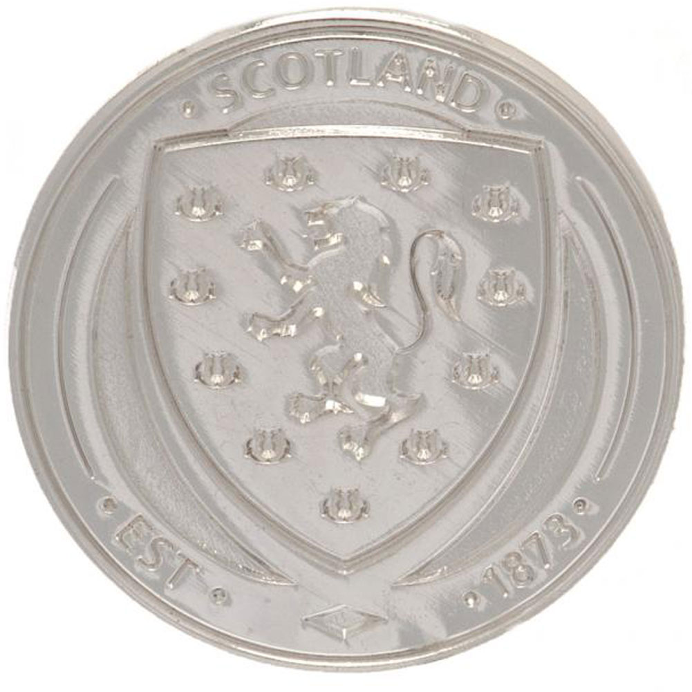 Scottish FA silver plated crest shaped metal badge with brooch fixing on a header card