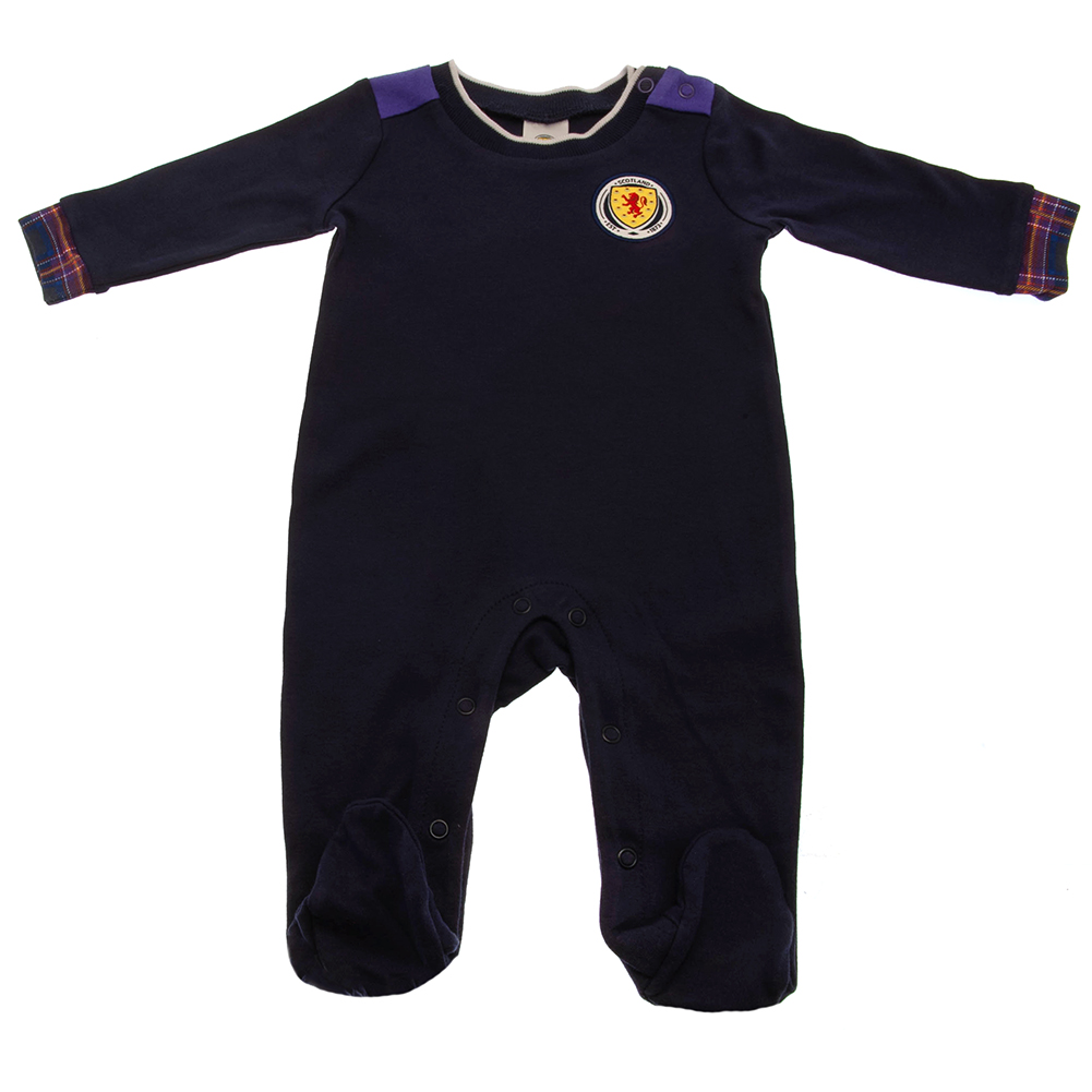 Scottish FA navy and white long sleeved baby sleepsuit with a full colour woven crest