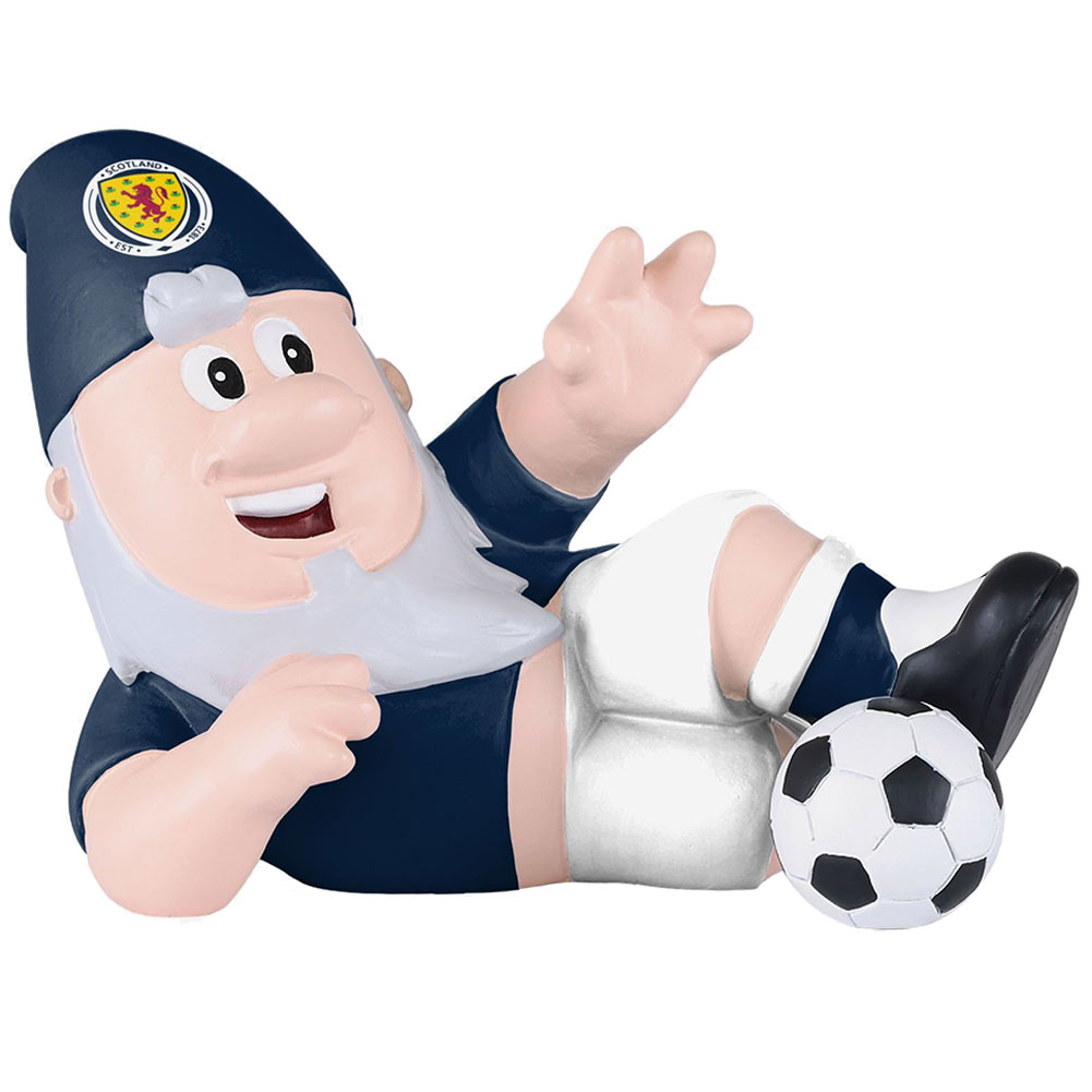 Scottish FA resin garden gnome in classic home kit colours in a dynamic sliding tackle pose
