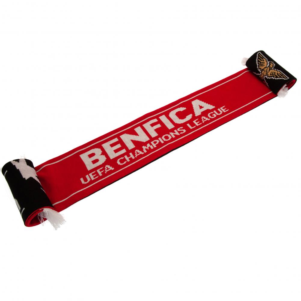 SL Benfica red and black reversible jacquard knit scarf with UEFA Champions League text, crest and white fringe