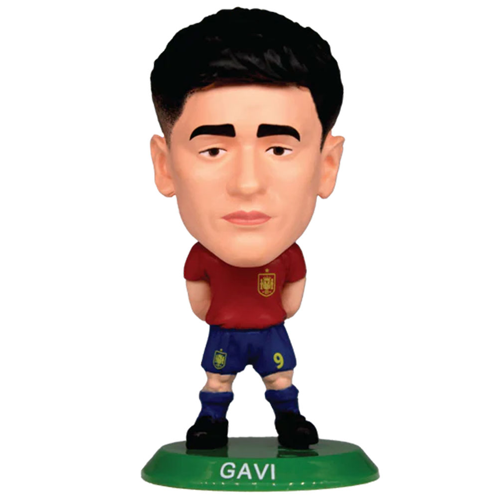 Spain SoccerStarz Gavi collectable figure in the classic home kit on a green base