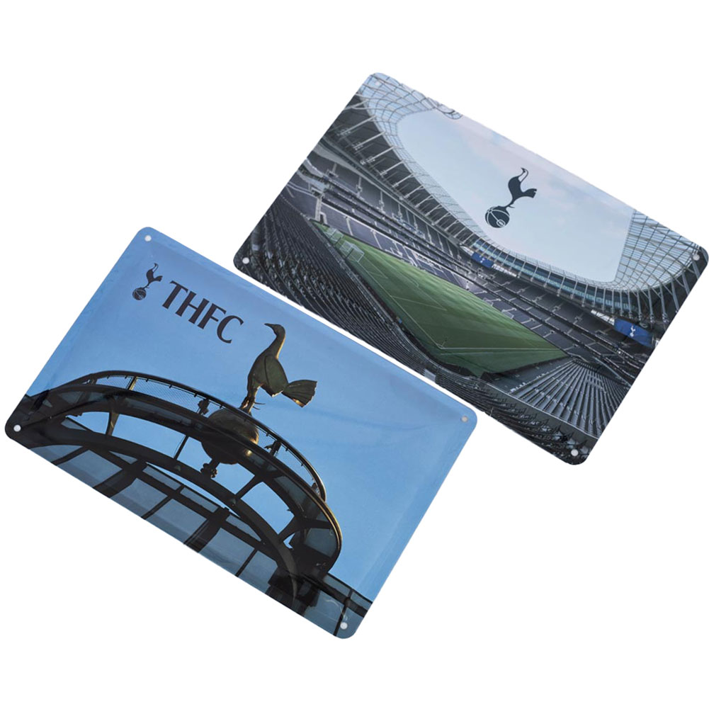 Pair of Tottenham Hotspur FC deluxe metal signs with stadium interior and entrance photos and a crest