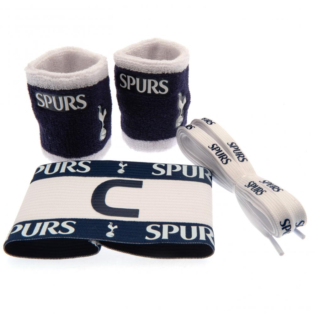 Tottenham Hotspur FC accessories set with navy and white wristbands, captain's armband and boot laces