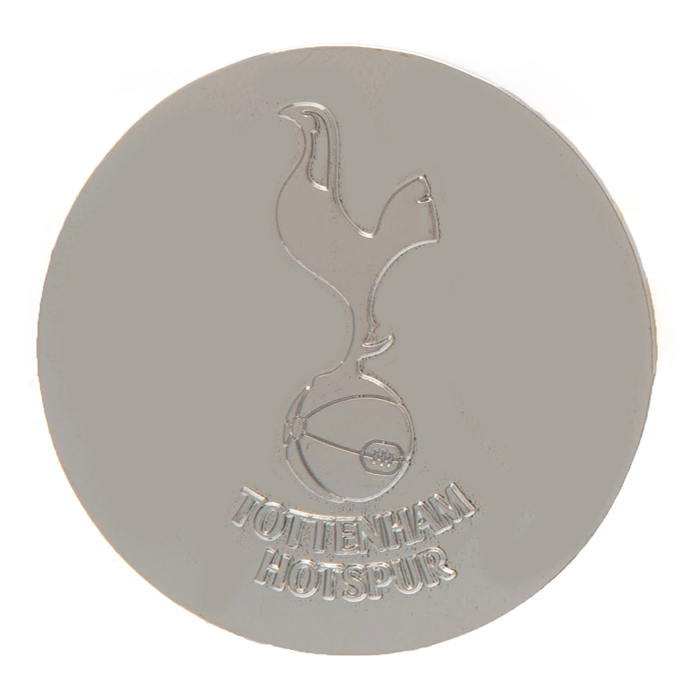 Tottenham Hotspur FC crest car badge with a silver metal finish, shown on a header card