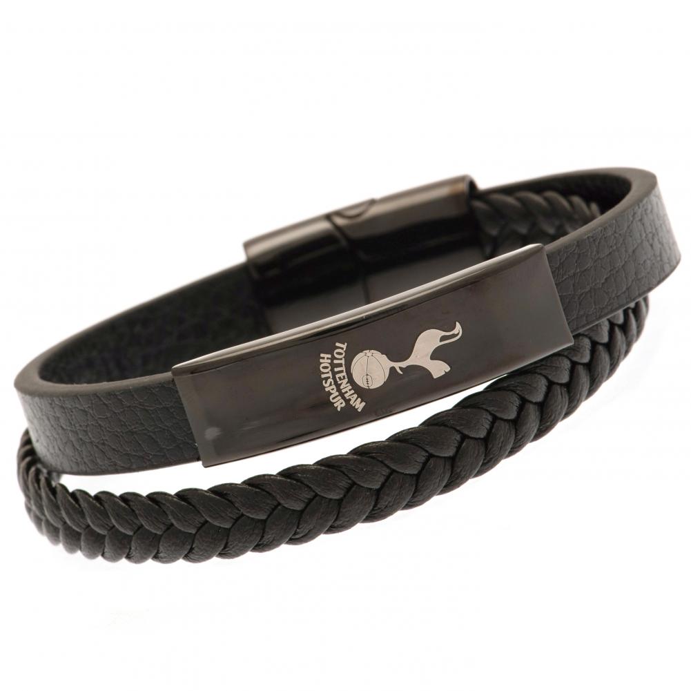 Tottenham Hotspur FC twin genuine leather bracelet with a black IP crest plate and engraved Spurs logo