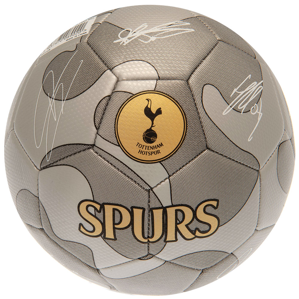 Tottenham Hotspur FC silver metallic Size 5 football with the Spurs crest and white player signature prints