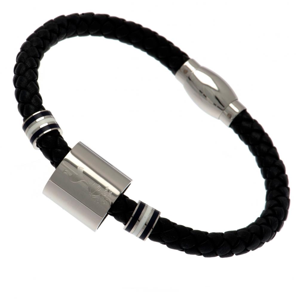 Tottenham Hotspur FC black leather rope bracelet with steel colour rings and an engraved club crest