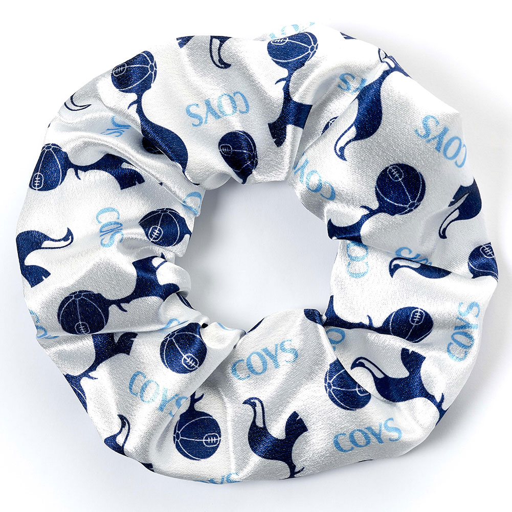 Colourful Tottenham Hotspur FC satin hair scrunchie featuring Tottenham club icons
