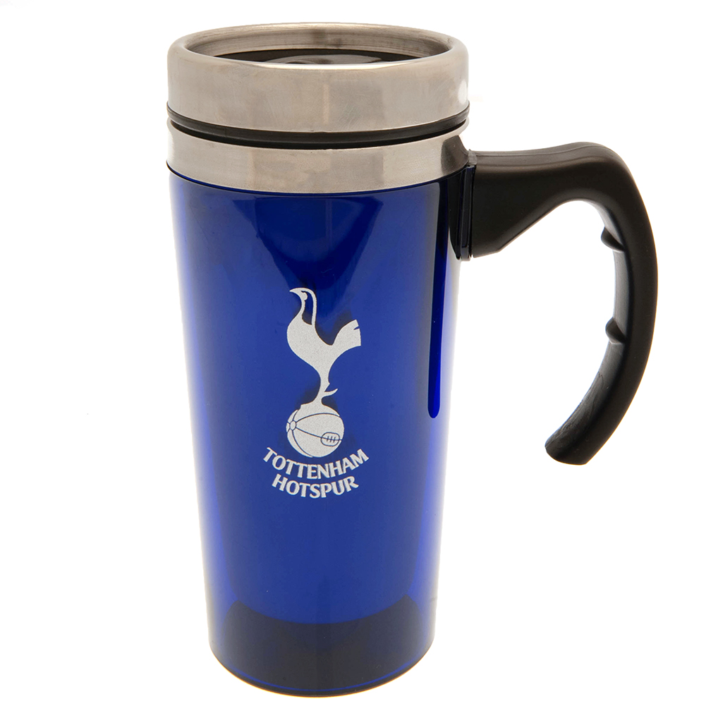 Navy blue translucent Tottenham Hotspur stainless steel travel mug with a printed Spurs crest and handle