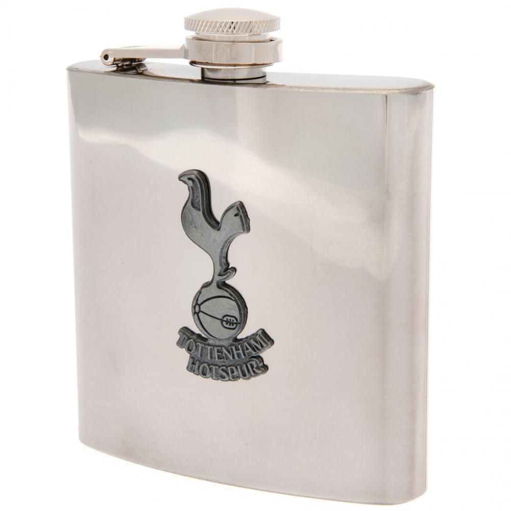 Tottenham Hotspur 6oz stainless steel hip flask with an antique badge beside its presentation box