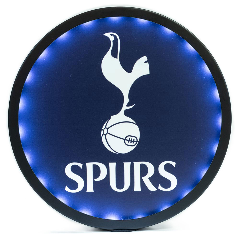Tottenham Hotspur FC metal LED logo sign with white lights, a navy background and the Spurs crest