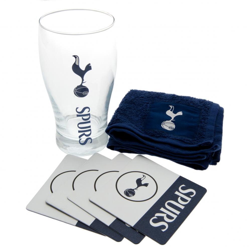 Tottenham Hotspur FC mini bar set with a navy Spurs text pint glass, navy bar towel and four beer mats
