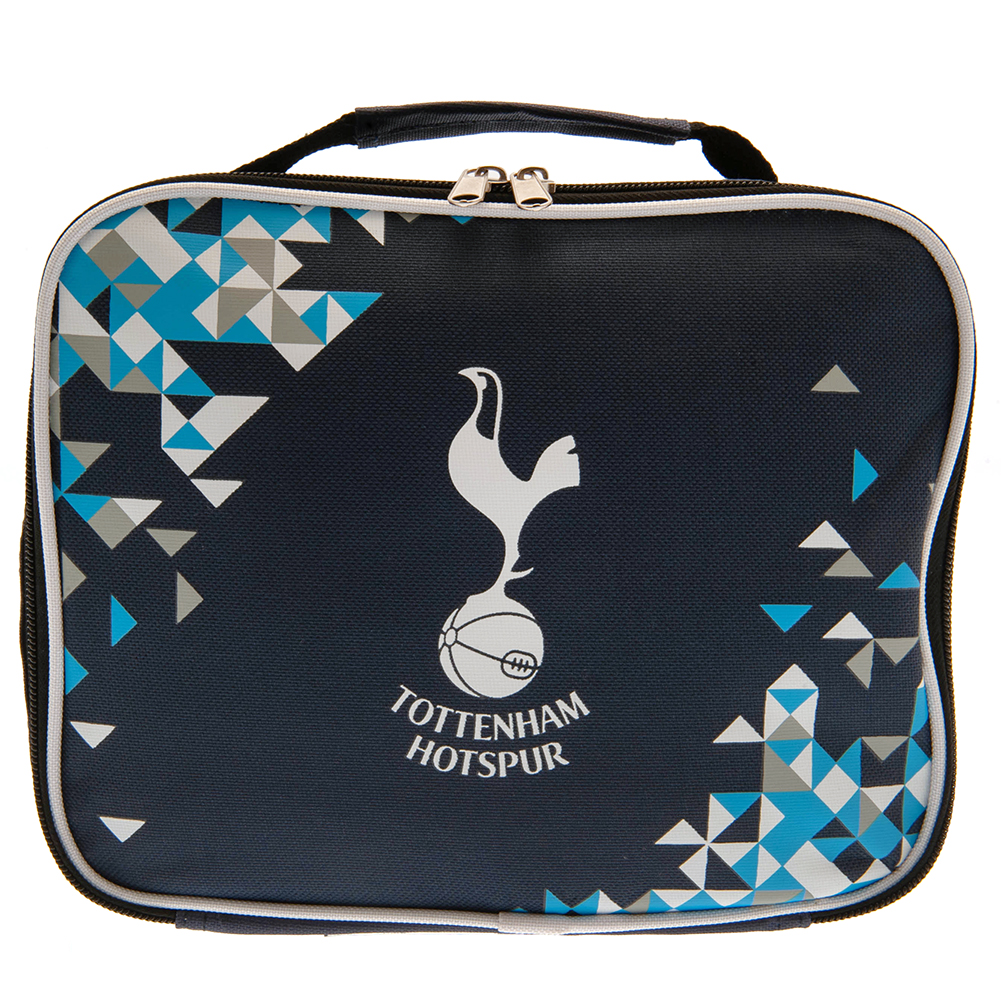 Navy blue Tottenham Hotspur lunch bag with a multi colour geometric particle design and white club crest