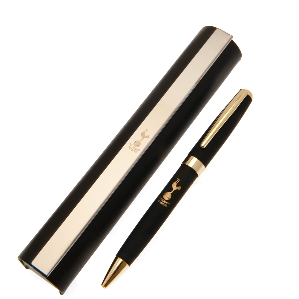 Tottenham Hotspur FC matte black metal ballpoint pen with gold detail beside its lined roll case