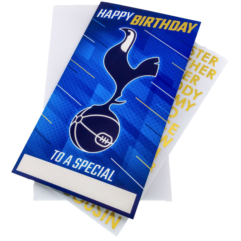 Tottenham Hotspur FC colourful gloss birthday card with a large Spurs crest and family relation stickers