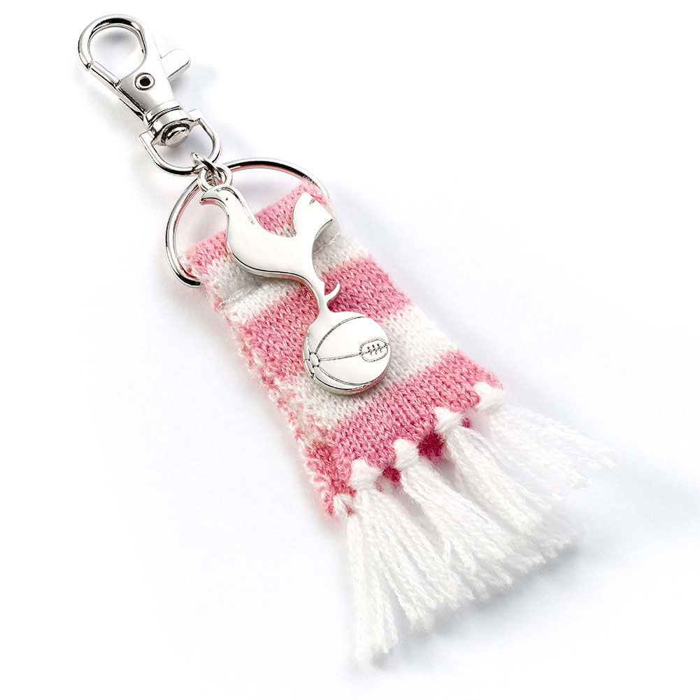 Tottenham Hotspur pink and white bar scarf bag charm with silver Tottenham charm and lobster claw clasp