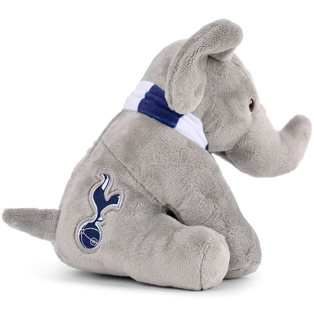 Tottenham Hotspur FC freestanding plush elephant with a woven Spurs crest on the side and a team colour bar scarf