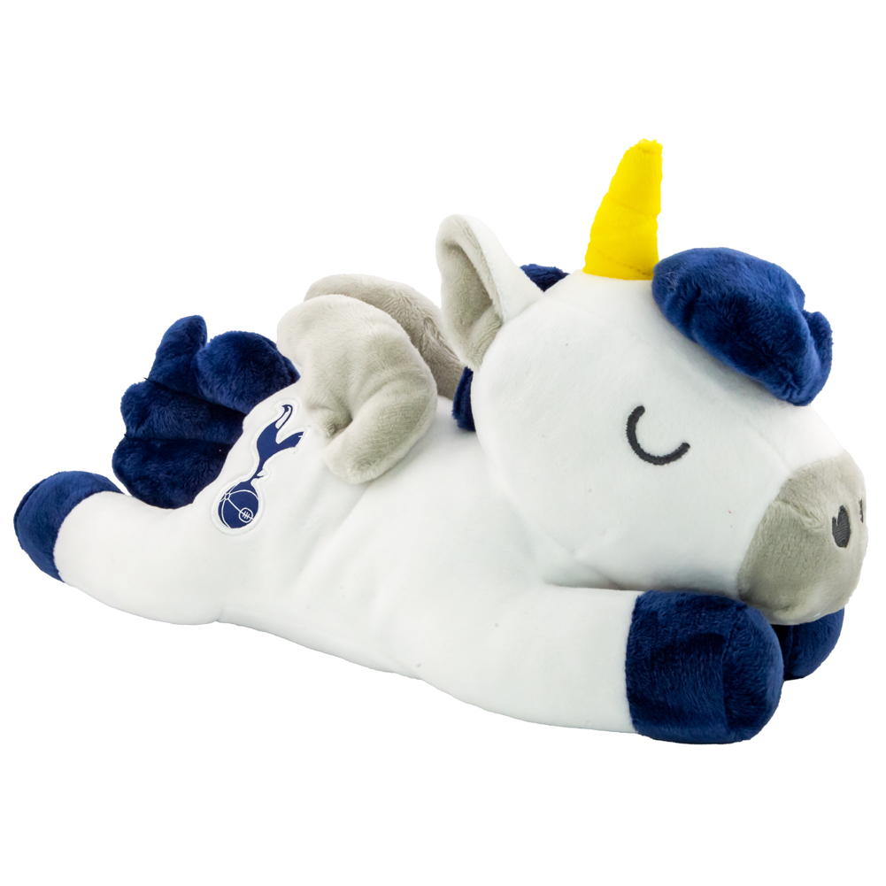 Blue and white Tottenham Hotspur FC plush unicorn with a Spurs crest on its side in blue