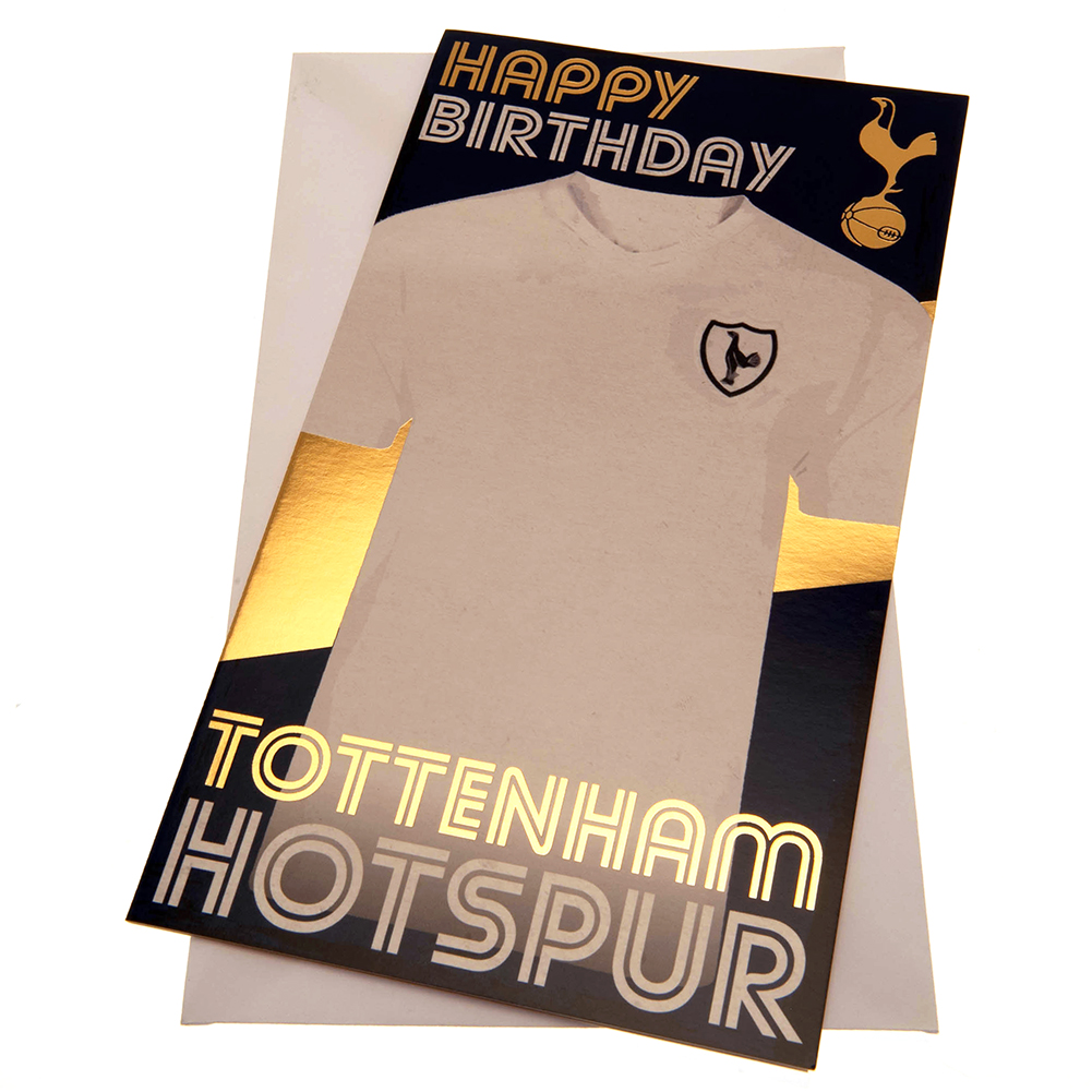Tottenham Hotspur FC colourful gloss birthday card with a large retro style Spurs shirt on the front