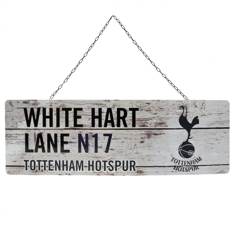 Tottenham Hotspur FC rustic stamped metal hanging sign with a large club crest on a wood panel effect background