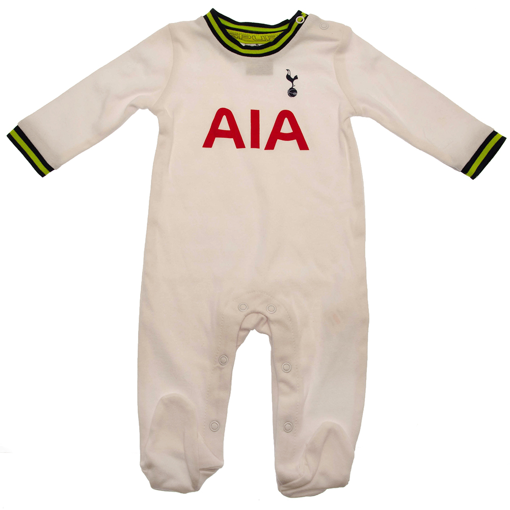 Tottenham Hotspur FC navy and white long sleeved baby sleepsuit with a printed club crest and sponsor