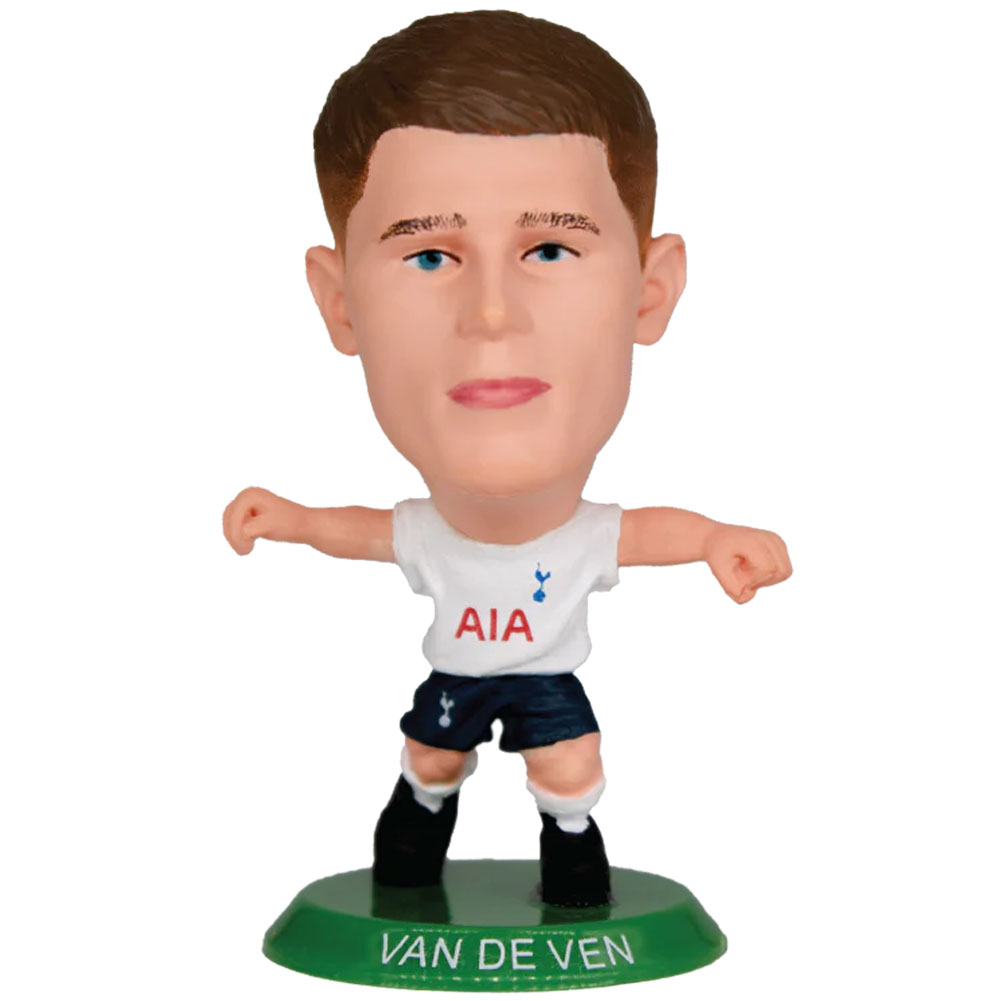 Tottenham Hotspur SoccerStarz Micky van de Ven figure in the classic Spurs home kit on a green base