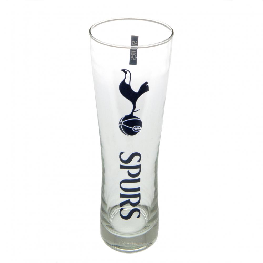Tottenham Hotspur FC tall slim pilsner style pint glass with navy Spurs text and the Tottenham club crest