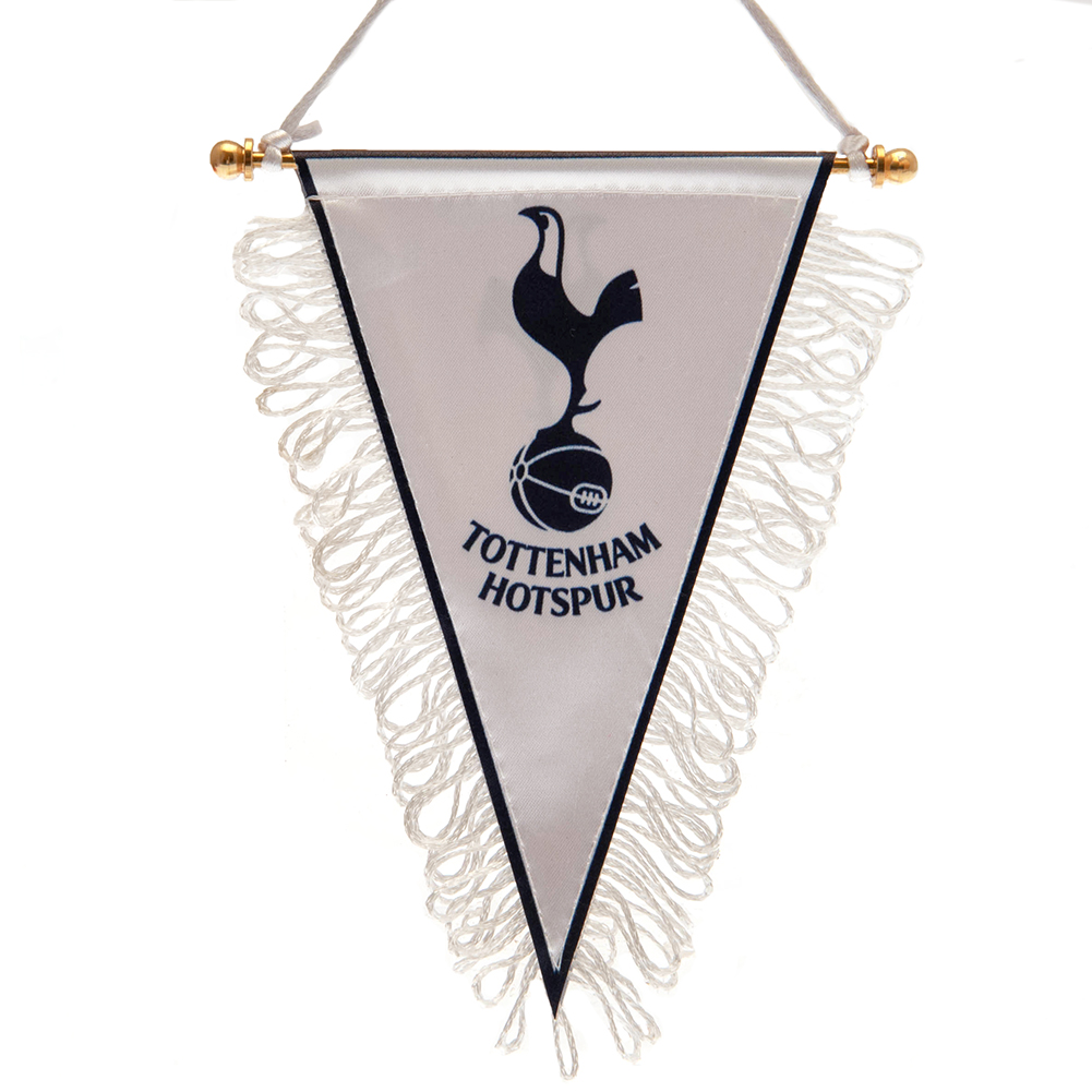 Tottenham Hotspur satin look triangular mini pennant with the Spurs crest on a white background