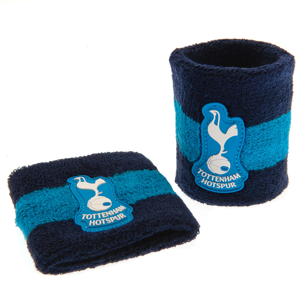 Pair of navy blue Tottenham Hotspur FC cotton wristbands with electric blue bands and the crest