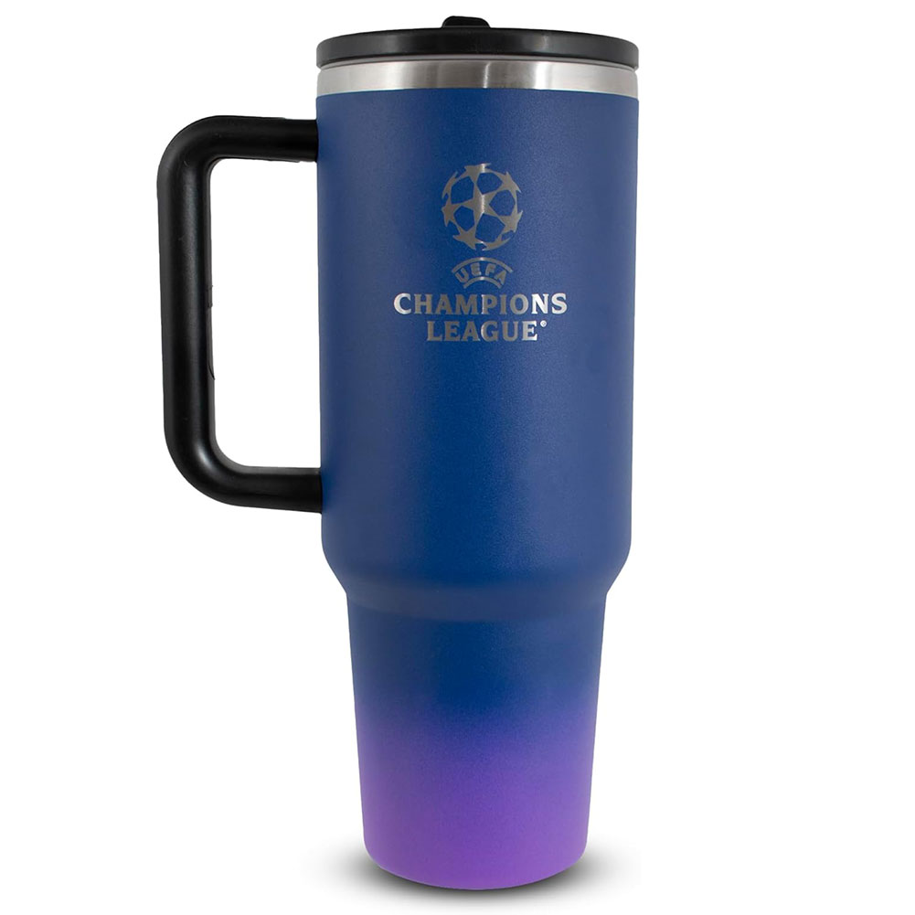 Blue UEFA Champions League 40oz thermal tumbler with crest, soft grip handle and closable spout