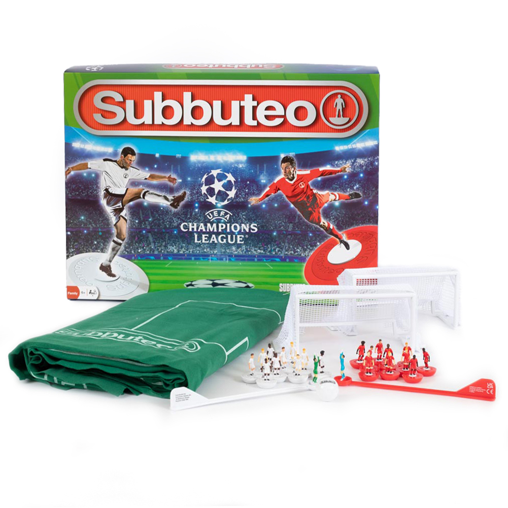 UEFA Champions League edition Subbuteo main game in a display box with pitch, players, goals and ball
