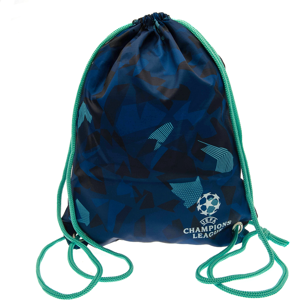 Navy UEFA Champions League gym bag with aqua marine detail and an abstract pattern